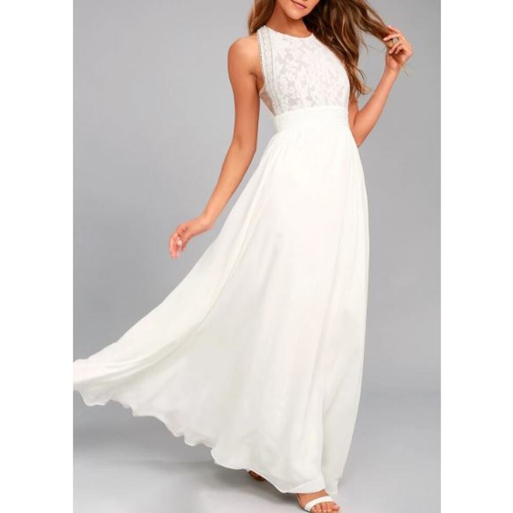 LULU'S SZ M Forever and Always White Lace Maxi Bridal Party Formal Dress NEW 0b5
